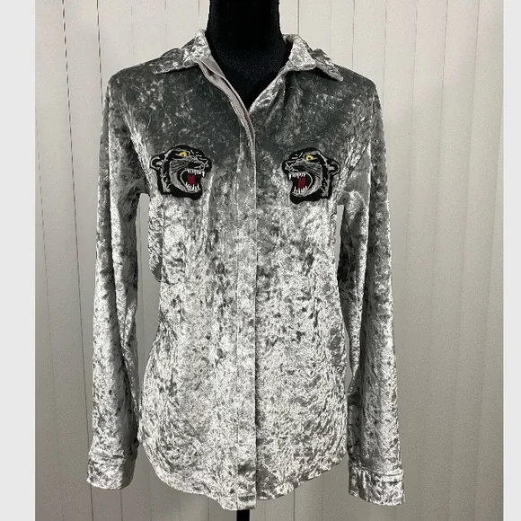 JADED LONDON Crushed Velvet Button Down Shirt Blouse Embroidered Panther Silver - Picture 6 of 14